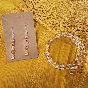 Hand Crafted Bracelet & Earrings Gold, Amber & Coral Colored Beads